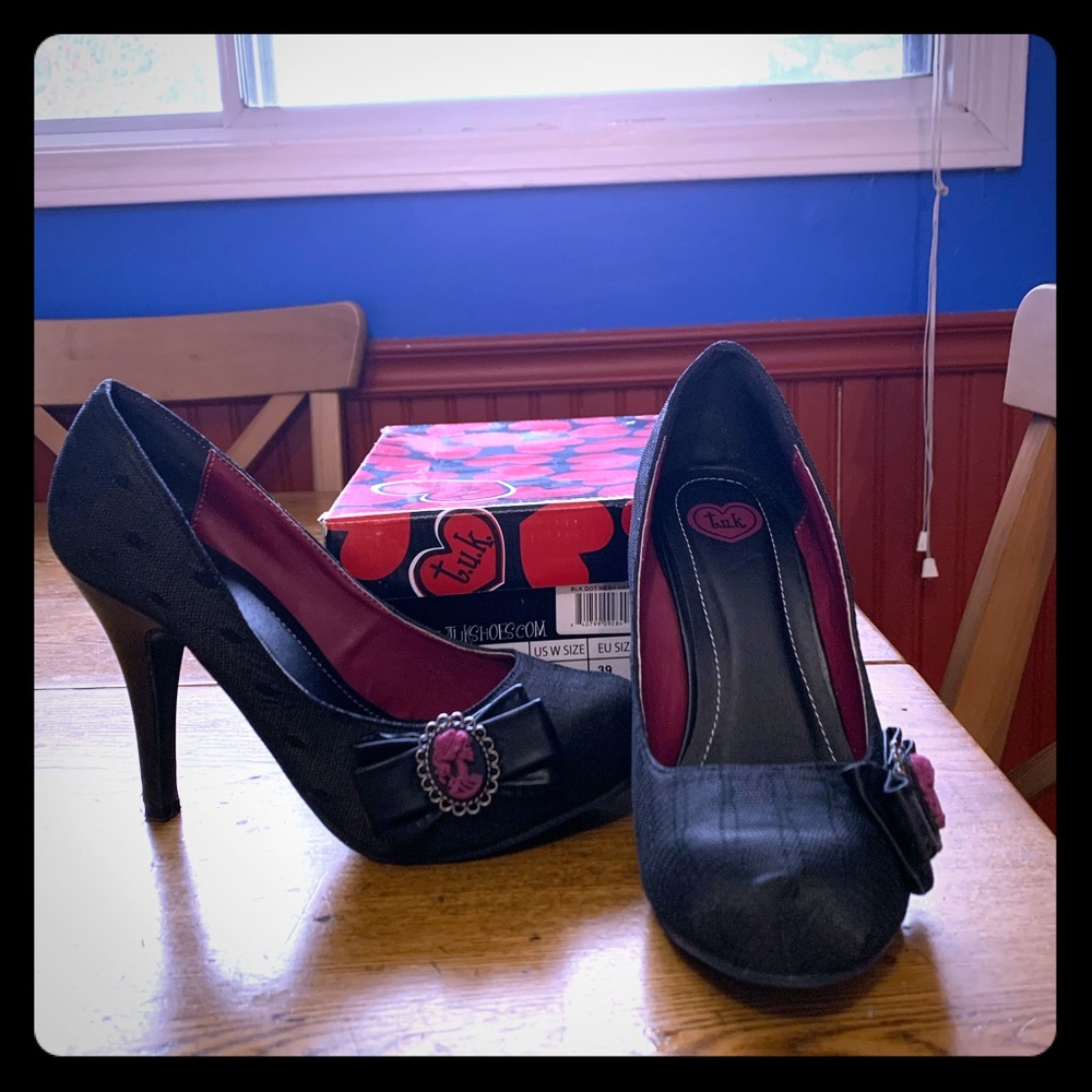 T.U.K. Black Dot Mesh Harlot Heel